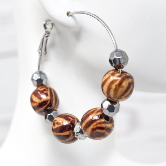 2" Zebra Print Wood Beads Leverback Hoop Earrings - Picture 11 of 12